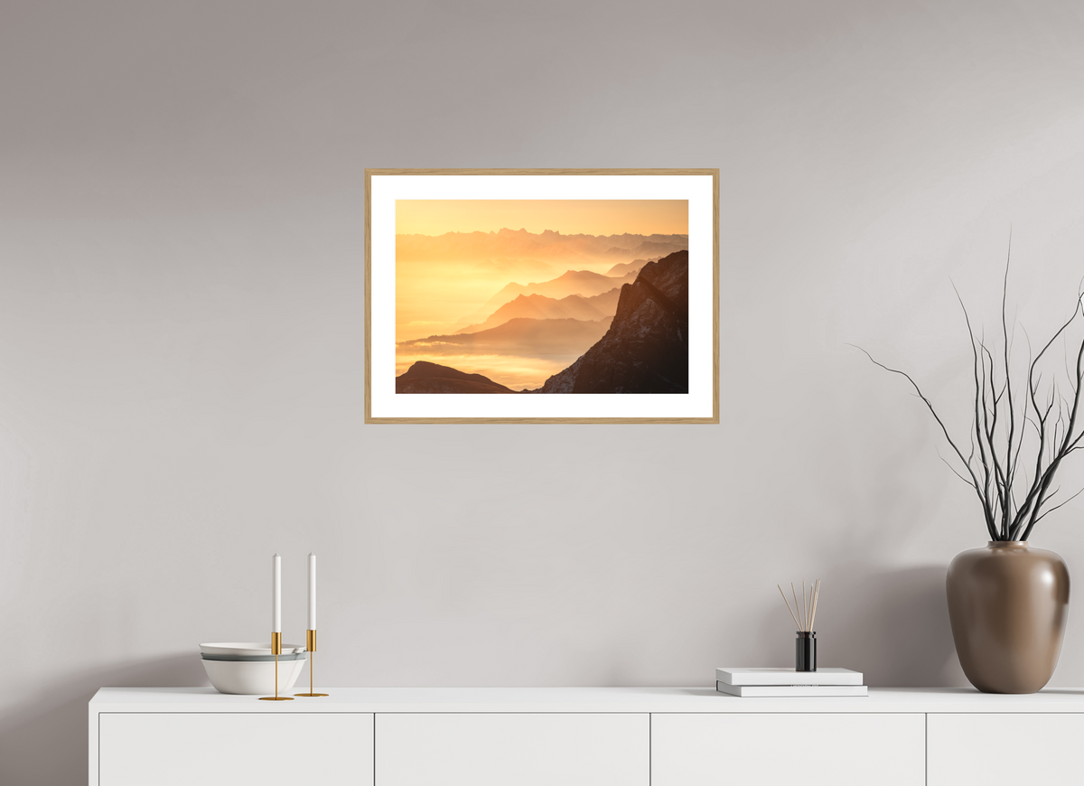 60 x 40 cm, Rahmen-Holzoptik Säntis Hazy Sunrise Layers, Switzerland