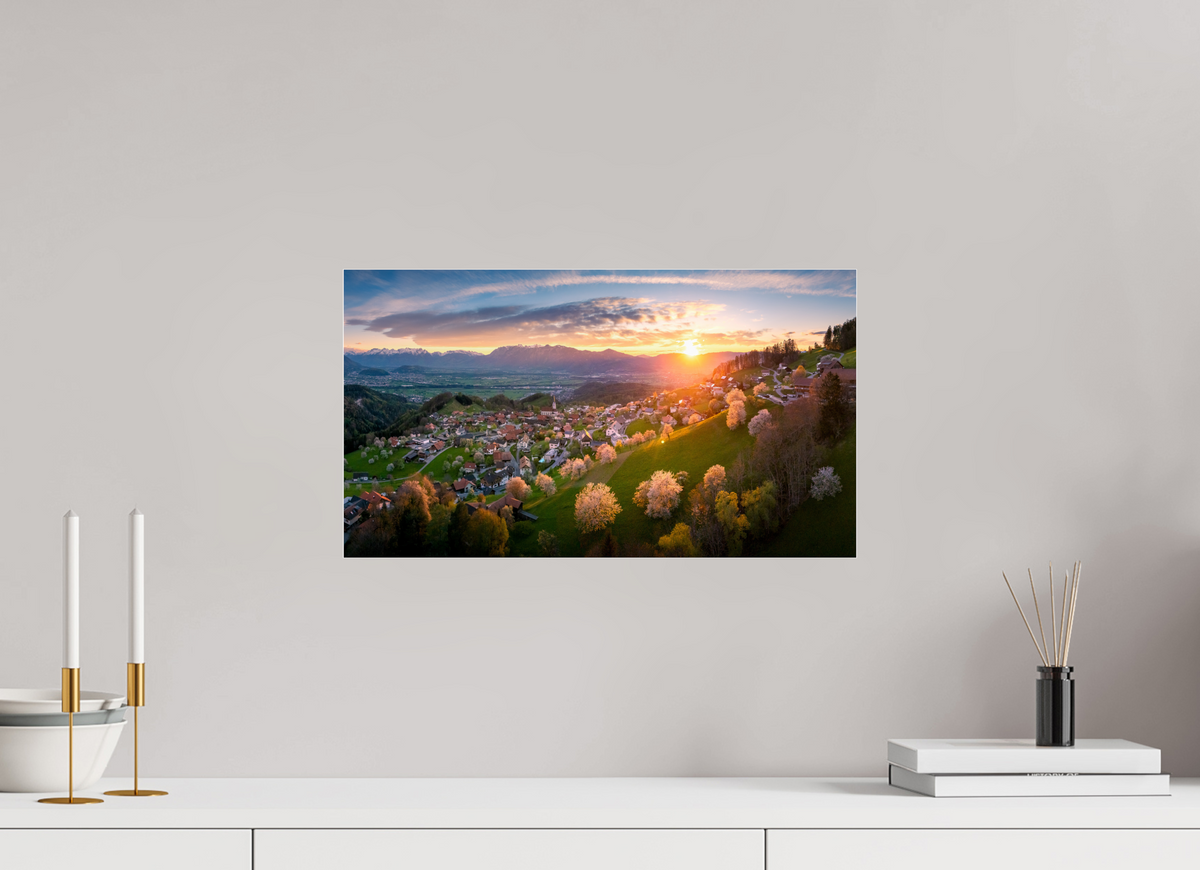 48 x 27 cm, Photo Print Under Acrylic Glass Cherry Blossoms at Sunset, Fraxern Vorarlberg