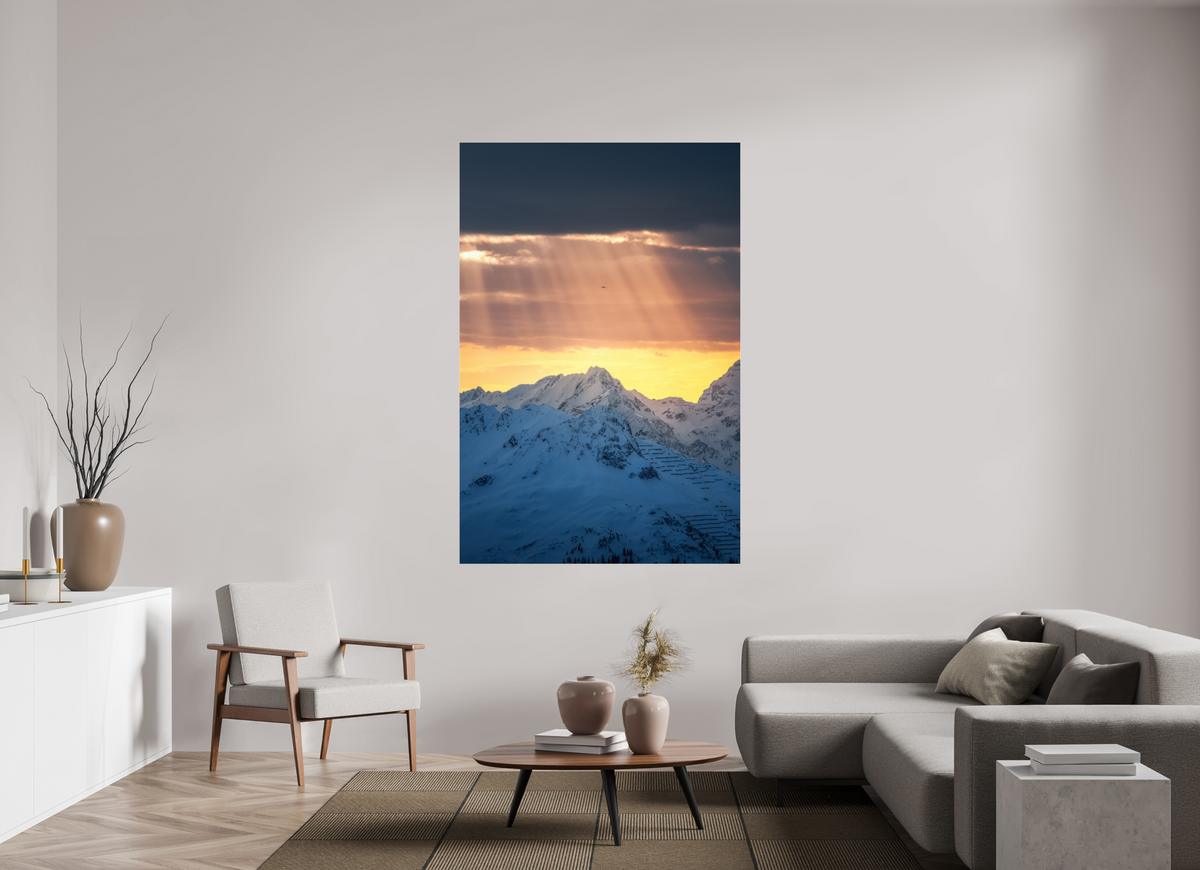 120 x 180 cm, Photo Print Under Acrylic Glass Light Rays Over the Peaks, Zürs