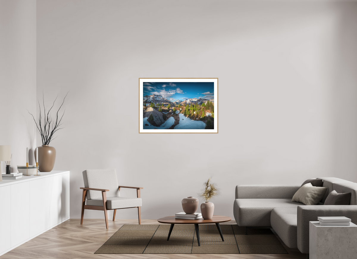105 x 70 cm, Rahmen-Holzoptik Spring Panorama With the Biberkopf, Lech