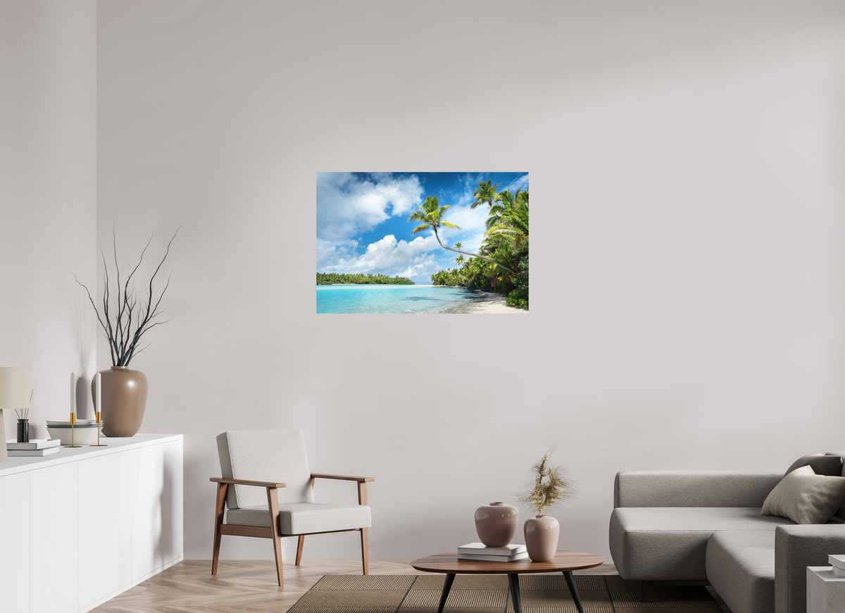 105 x 70 cm, Papierprint ohne Rahmen Curved Palm Over the Lagoon, Aitutaki