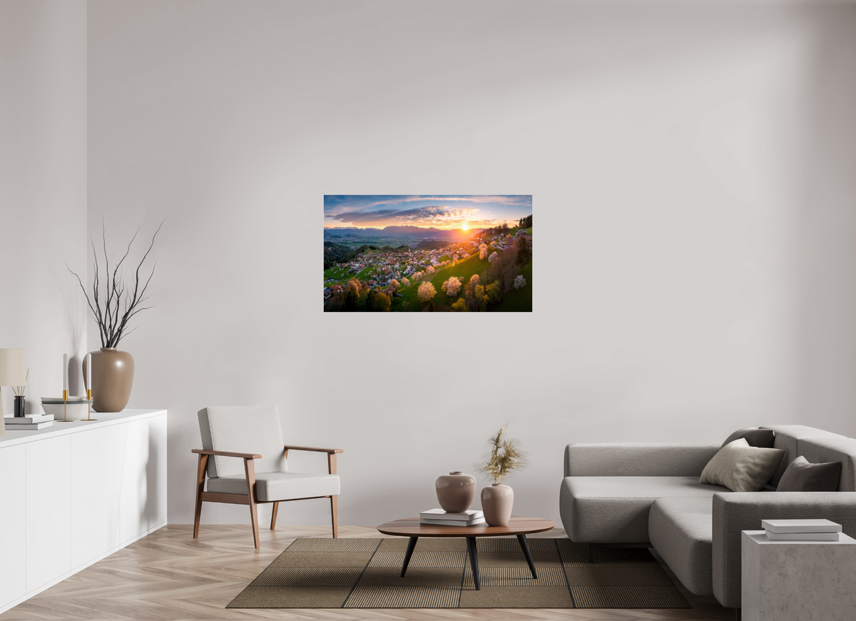 128 x 72 cm, Photo Print Under Acrylic Glass Cherry Blossoms at Sunset, Fraxern Vorarlberg