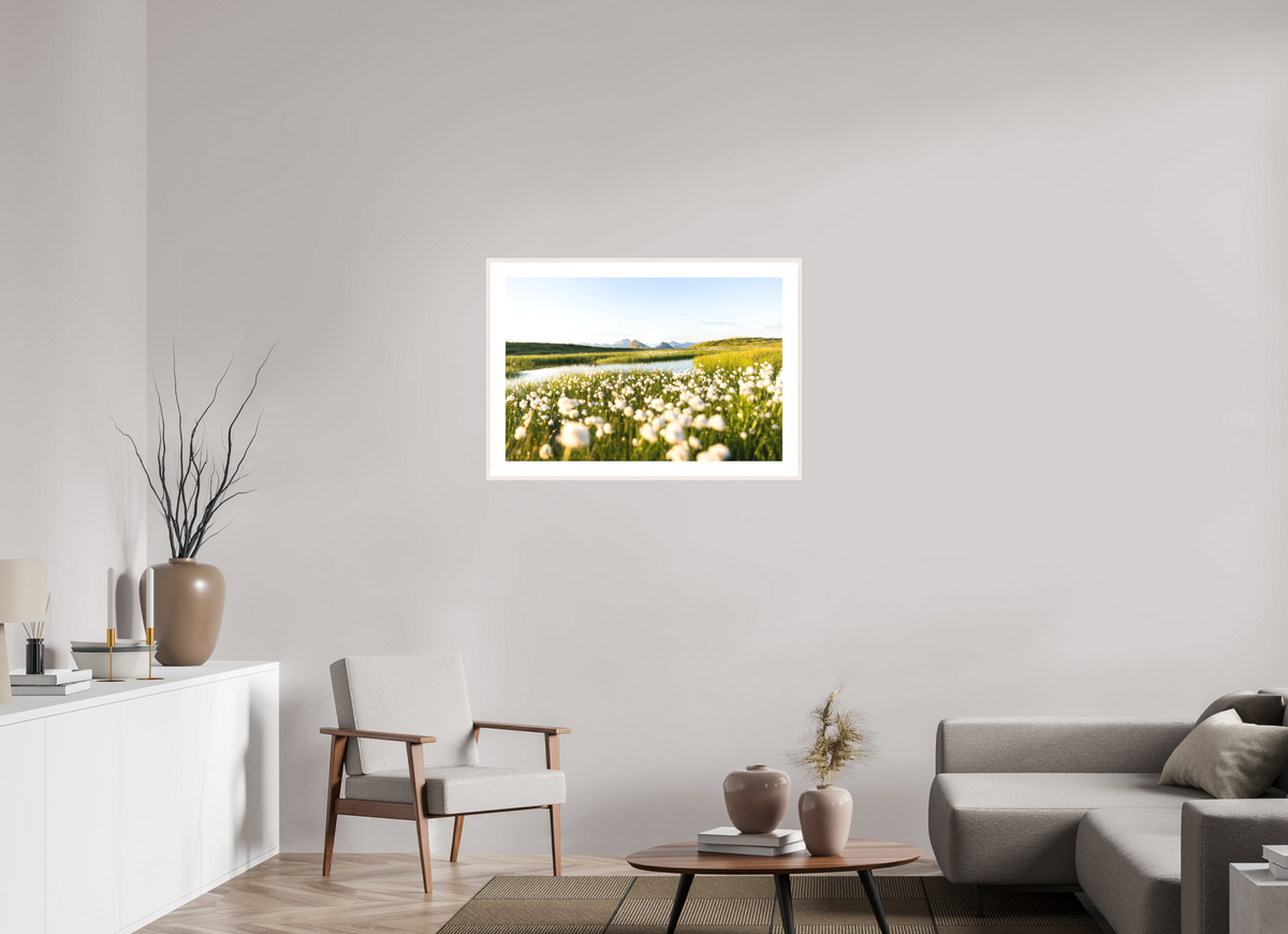 90 x 60 cm, Rahmen-Weiß Alpine Cotton Grass by the Pond