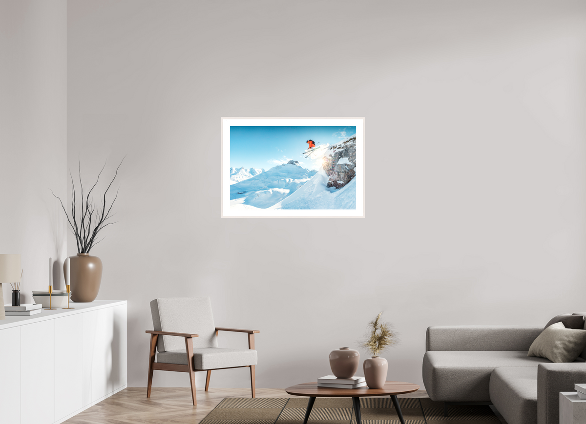 90 x 60 cm, Rahmen-Weiß Freeride Jump Over the Rocks, Zürs