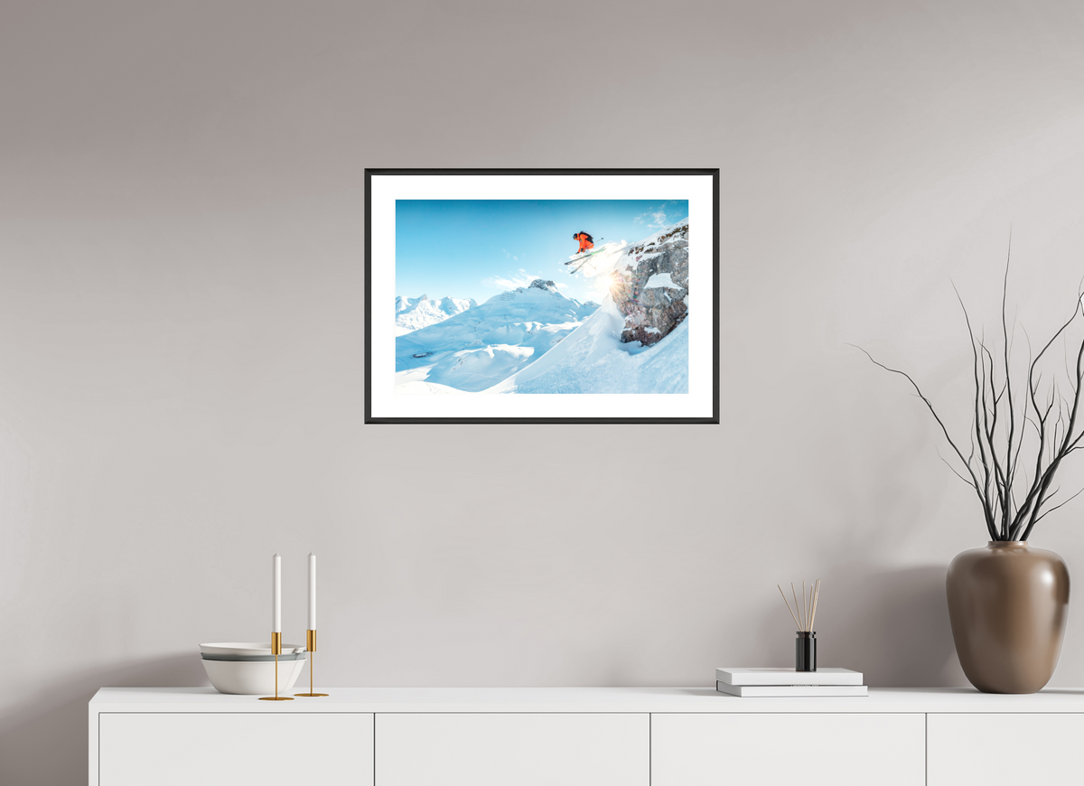 60 x 40 cm, Rahmen-Schwarz Freeride Jump Over the Rocks, Zürs