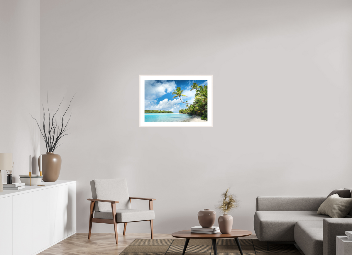 75 x 50 cm, Rahmen-Weiß Curved Palm Over the Lagoon, Aitutaki