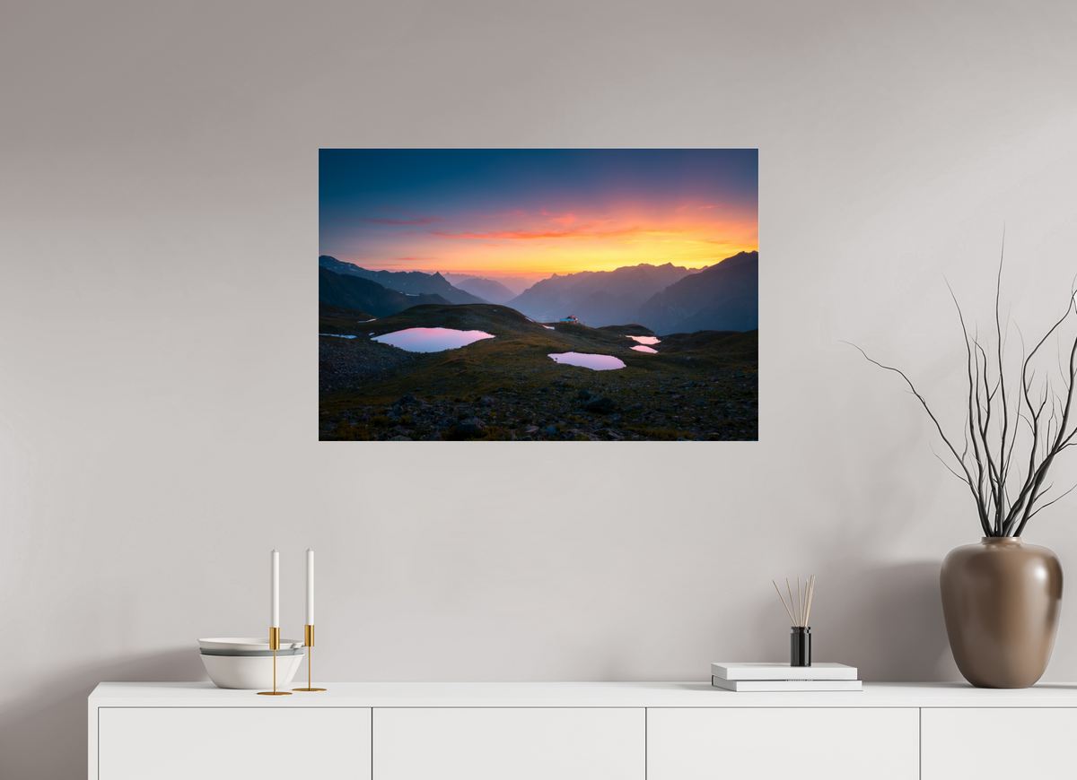 90 x 60 cm, Photo Print Under Acrylic Glass Mountain Lakes at Sunset
