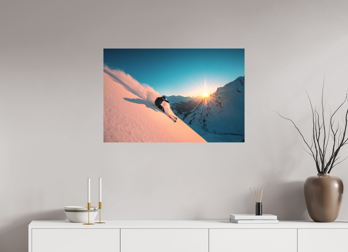 90 x 60 cm, Papierprint ohne Rahmen Skiing Into the Sunset, Flexenpass