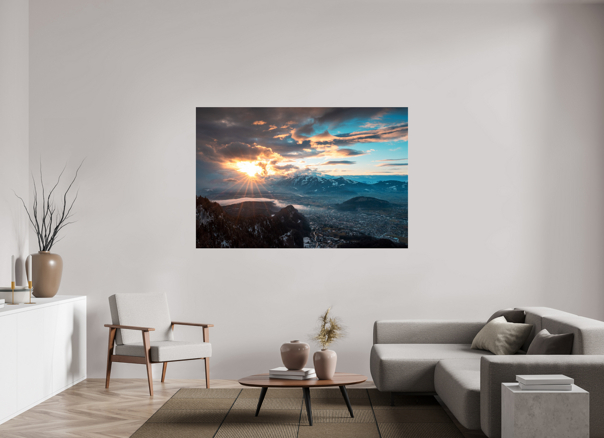 180 x 120 cm, Photo Print Under Acrylic Glass Rhine Valley Winter Sunset, Vorarlberg