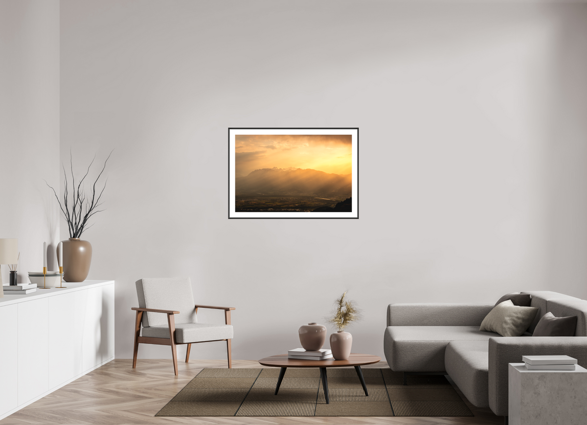 105 x 70 cm, Rahmen-Schwarz Hoher Kasten in Golden Light, Alpstein