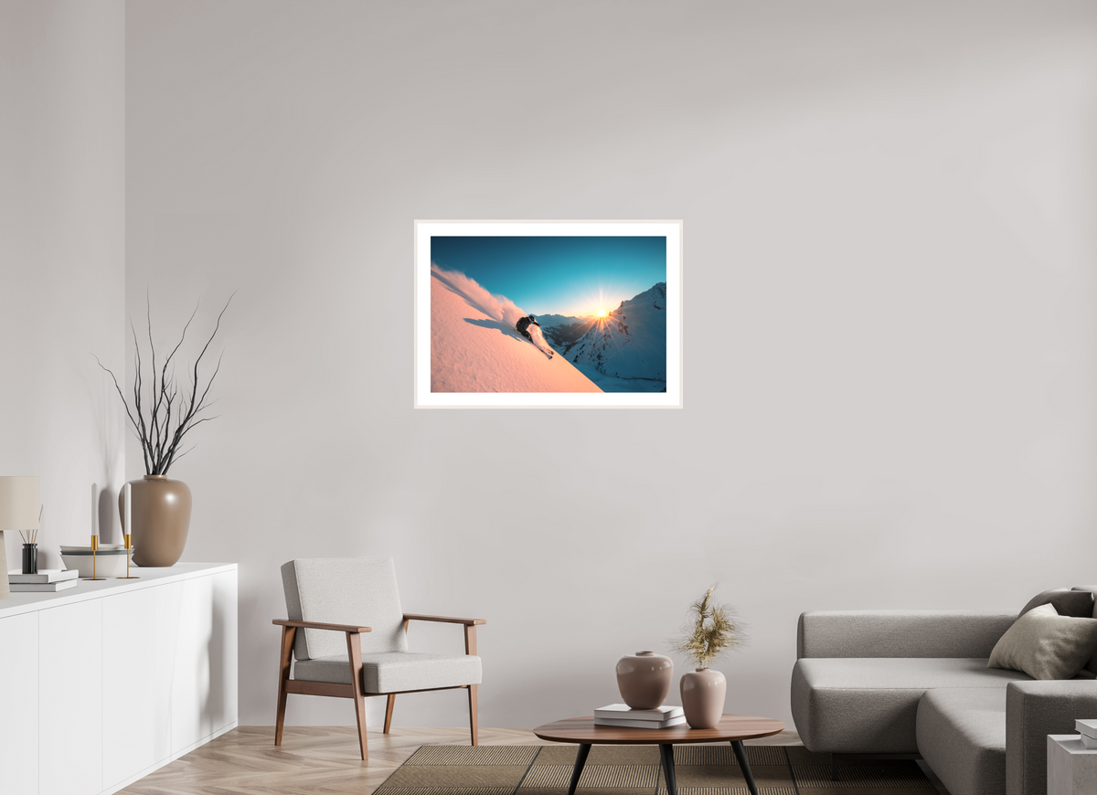 90 x 60 cm, Rahmen-Weiß Skiing Into the Sunset, Flexenpass