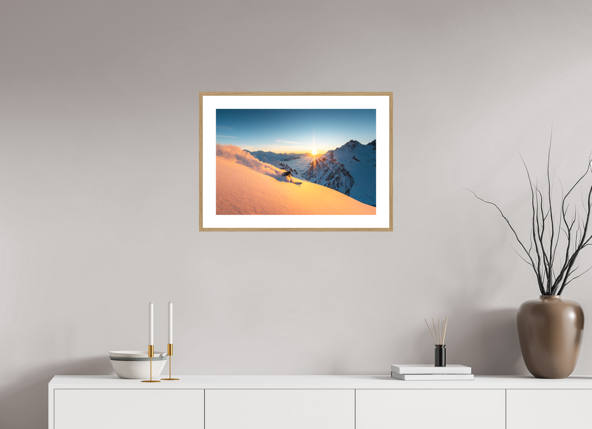 60 x 40 cm, Rahmen-Holzoptik Freeride at Sunset, Trittkopf, Arlberg