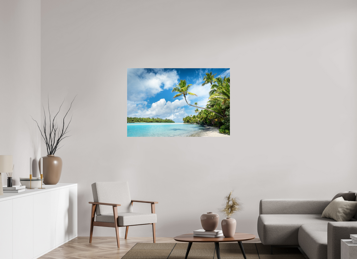 120 x 80 cm, Photo Print Under Acrylic Glass Curved Palm Over the Lagoon, Aitutaki