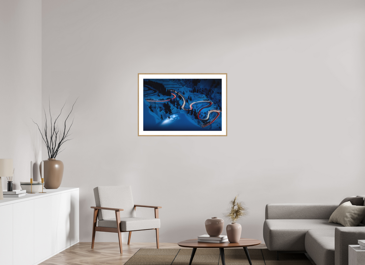 90 x 60 cm, Rahmen-Holzoptik Light Painted Skiing at Night