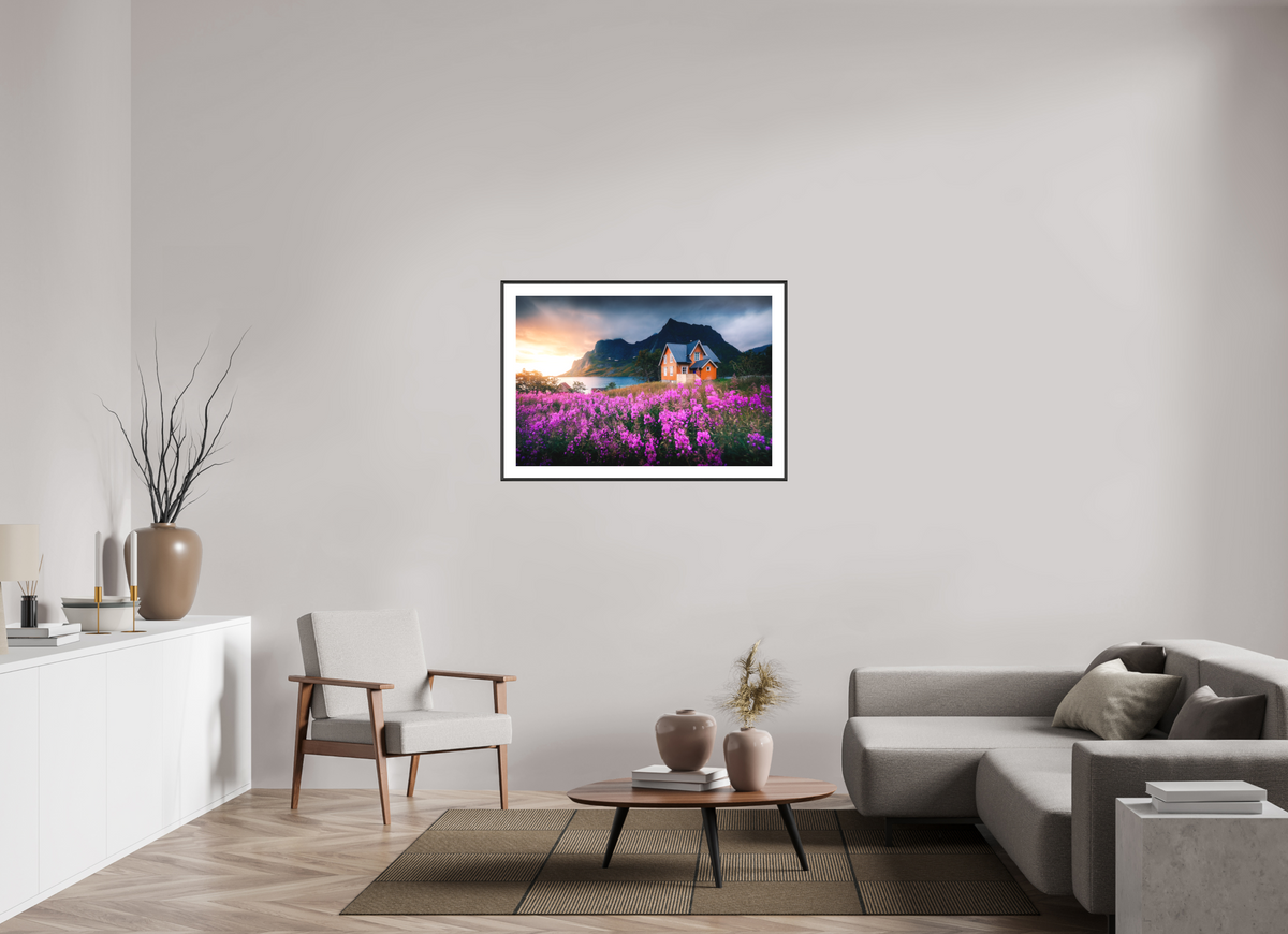 105 x 70 cm, Rahmen-Schwarz Orange House with Flowers, Lofoten