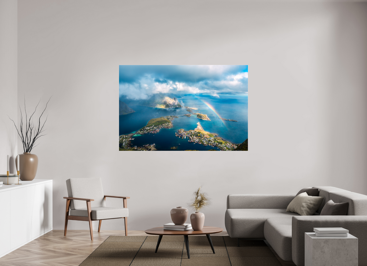 180 x 120 cm, Photo Print Under Acrylic Glass Rainbow over Reinebringen, Lofoten