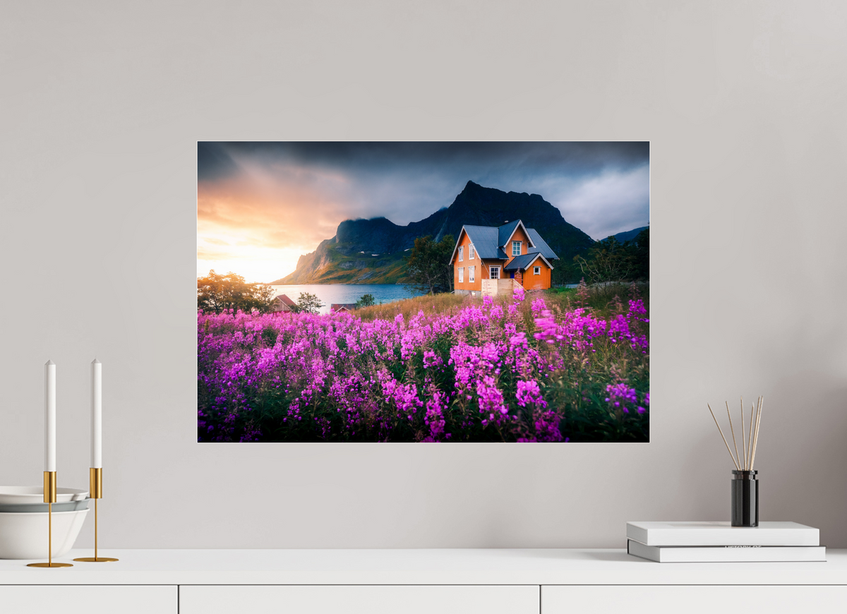 60 x 40 cm, Photo Print Under Acrylic Glass Orange House with Flowers, Lofoten