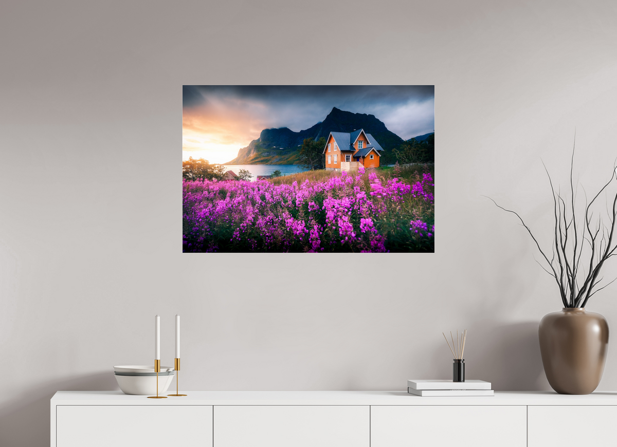 90 x 60 cm, Photo Print Under Acrylic Glass Orange House with Flowers, Lofoten