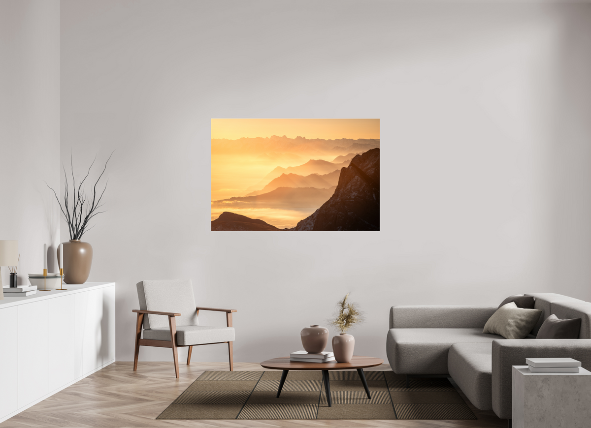 150 x 100 cm, Photo Print Under Acrylic Glass Säntis Hazy Sunrise Layers, Switzerland