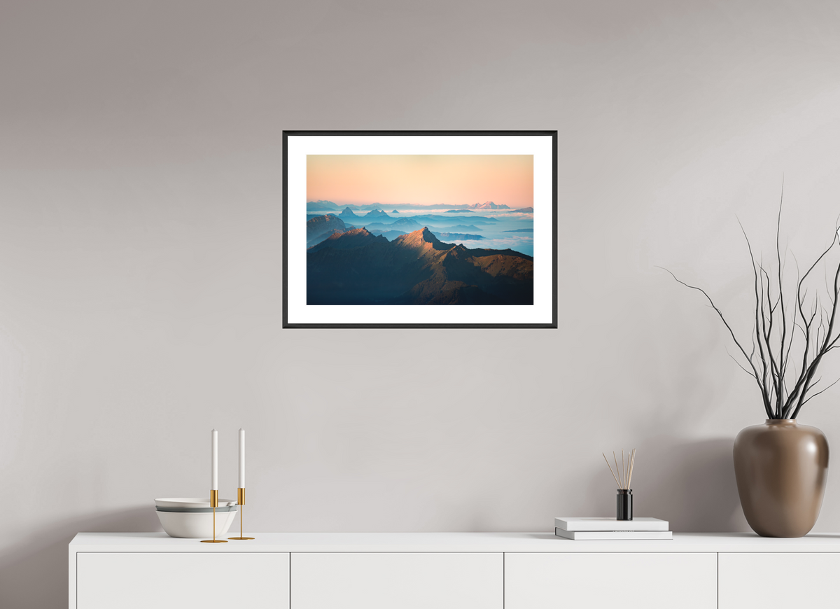 60 x 40 cm, Rahmen-Schwarz Säntis Sunrise, Silhouette Peaks