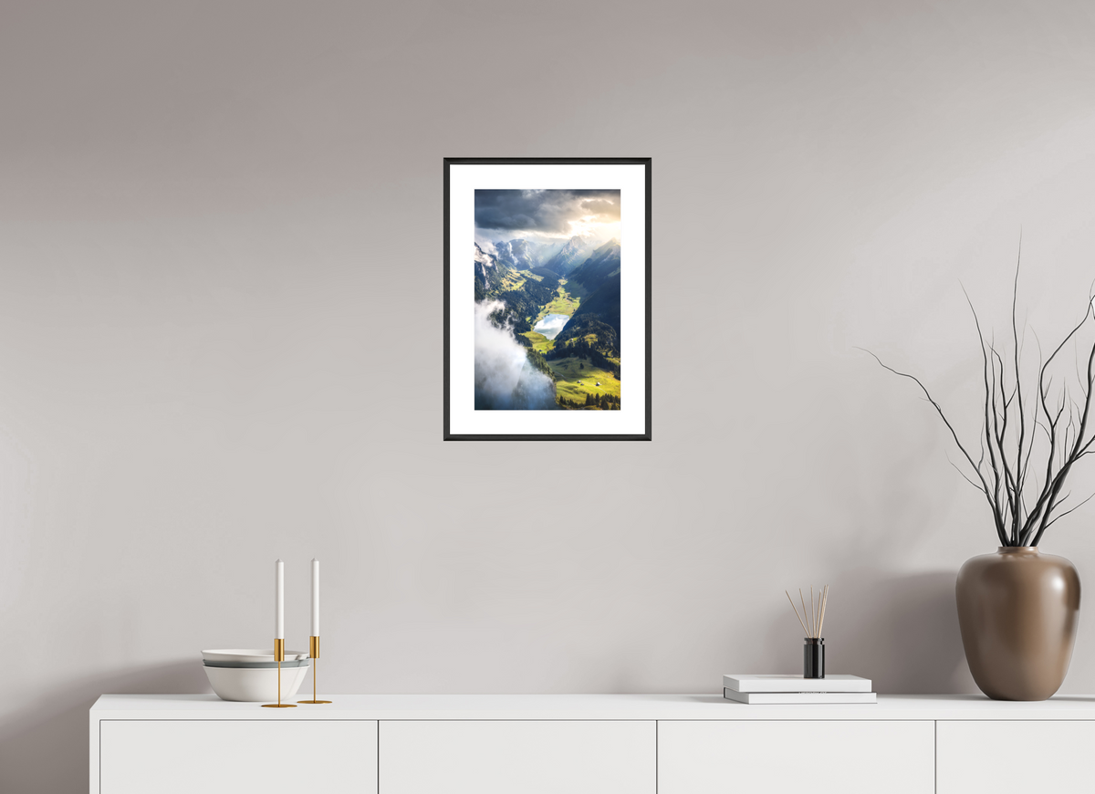 30 x 45 cm, Rahmen-Schwarz Alpine Valley and Lake, Hoher Kasten
