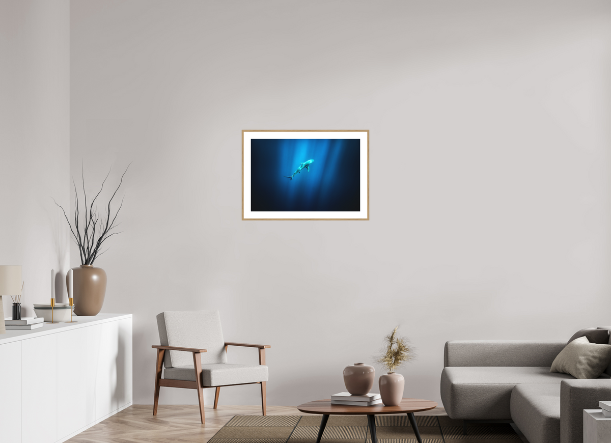 75 x 50 cm, Rahmen-Holzoptik Shark in Hawaiian Blue Waters