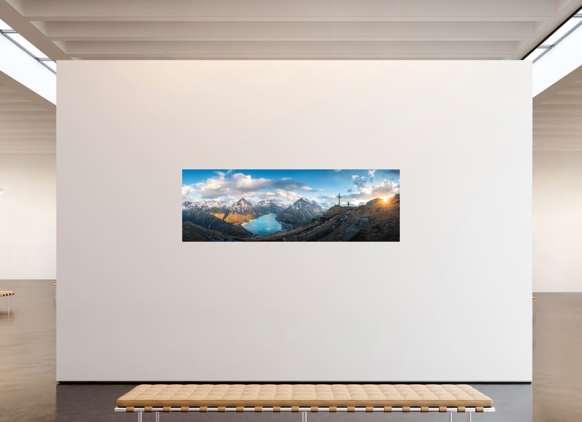 240 x 80 cm, Photo Print Under Acrylic Glass Silvretta Reservoir Golden Sunset, Alps