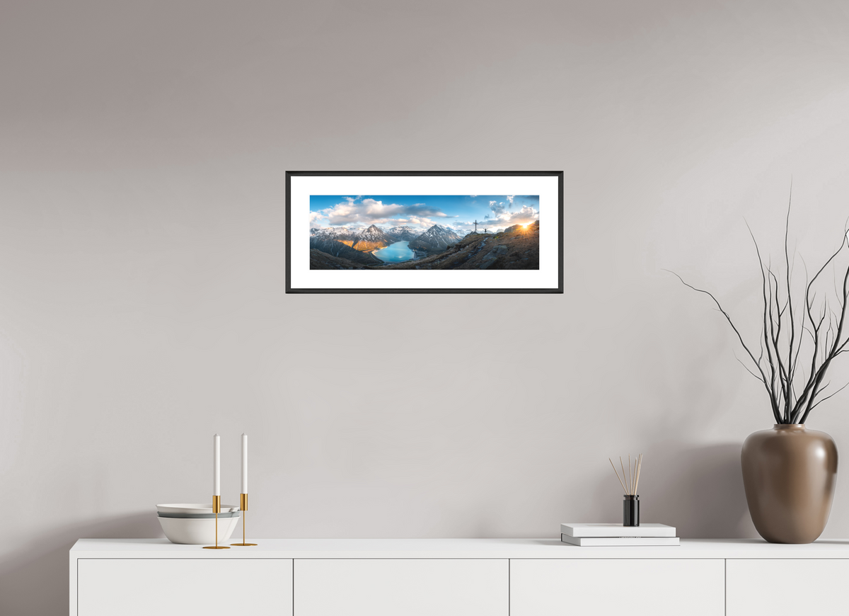 60 x 20 cm, Rahmen-Schwarz Silvretta Reservoir Golden Sunset, Alps