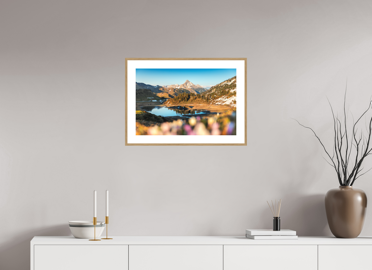 60 x 40 cm, Rahmen-Holzoptik Körbersee Sunset, Warth Arlberg