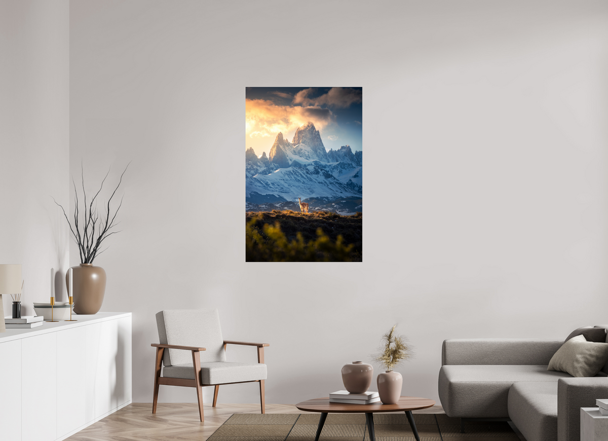 80 x 120 cm, Photo Print Under Acrylic Glass Guanaco below Fitz Roy in Golden Light, Patagonia