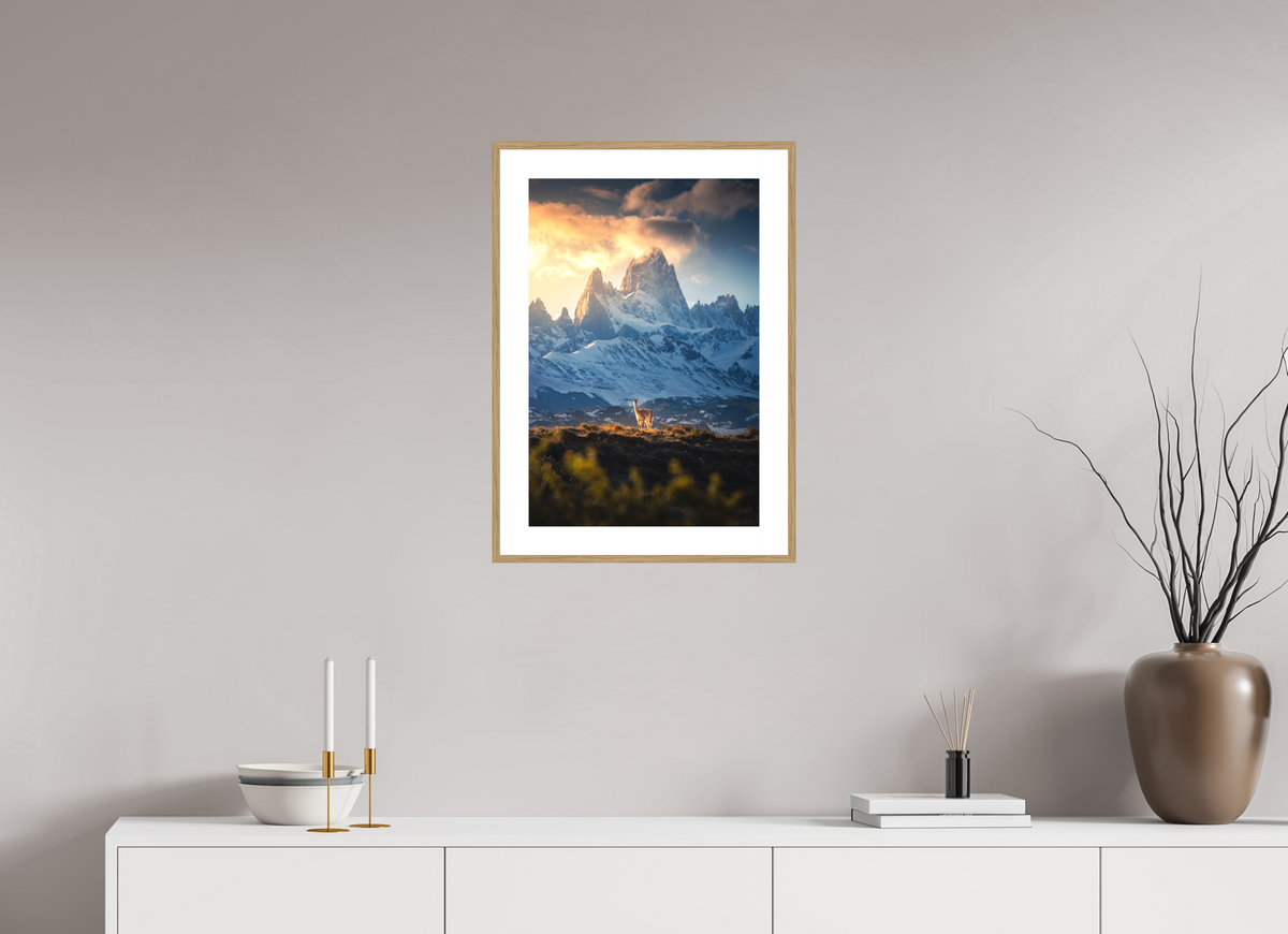 40 x 60 cm, Rahmen-Holzoptik Guanaco below Fitz Roy in Golden Light, Patagonia