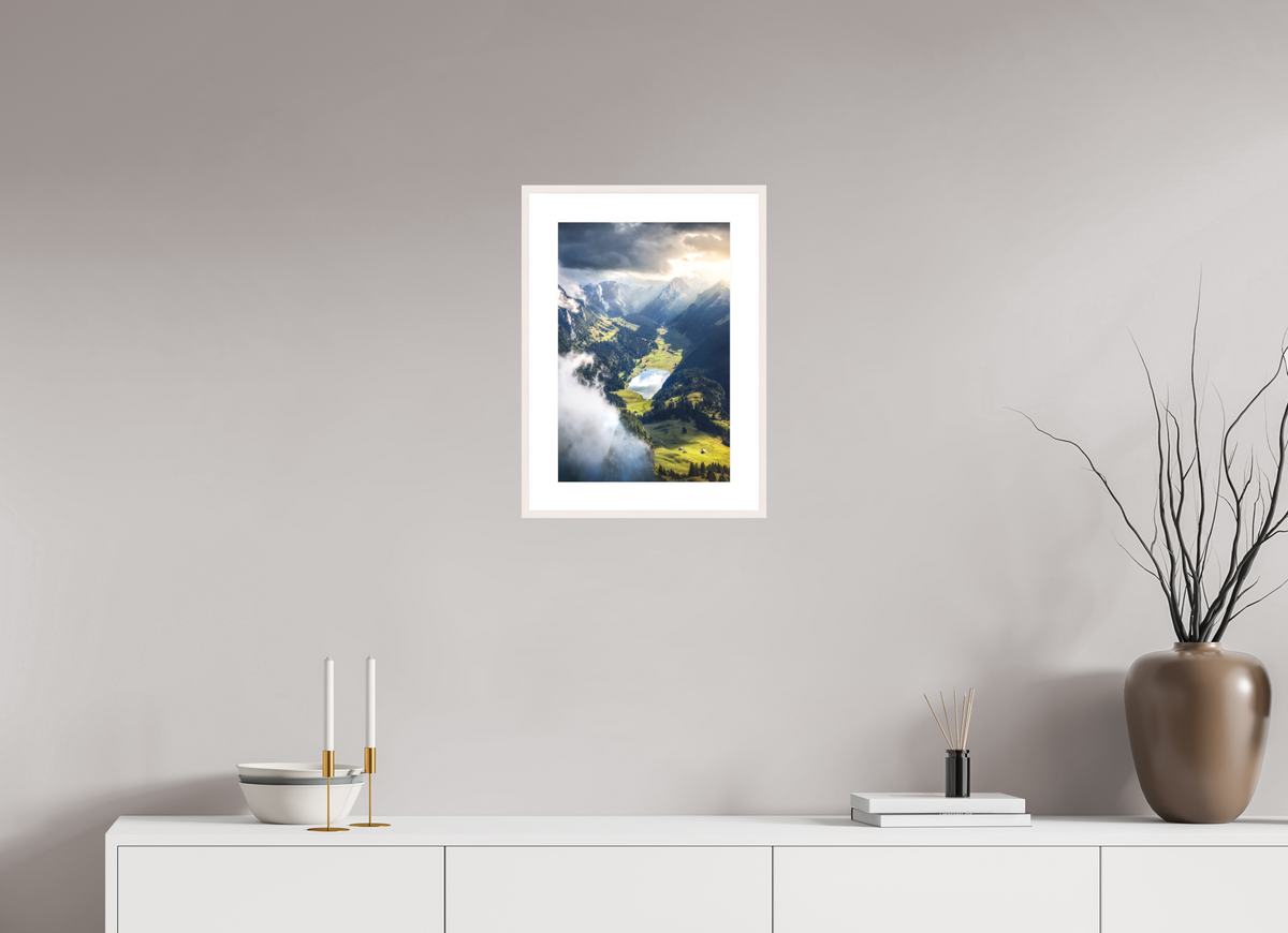 30 x 45 cm, Rahmen-Weiß Alpine Valley and Lake, Hoher Kasten
