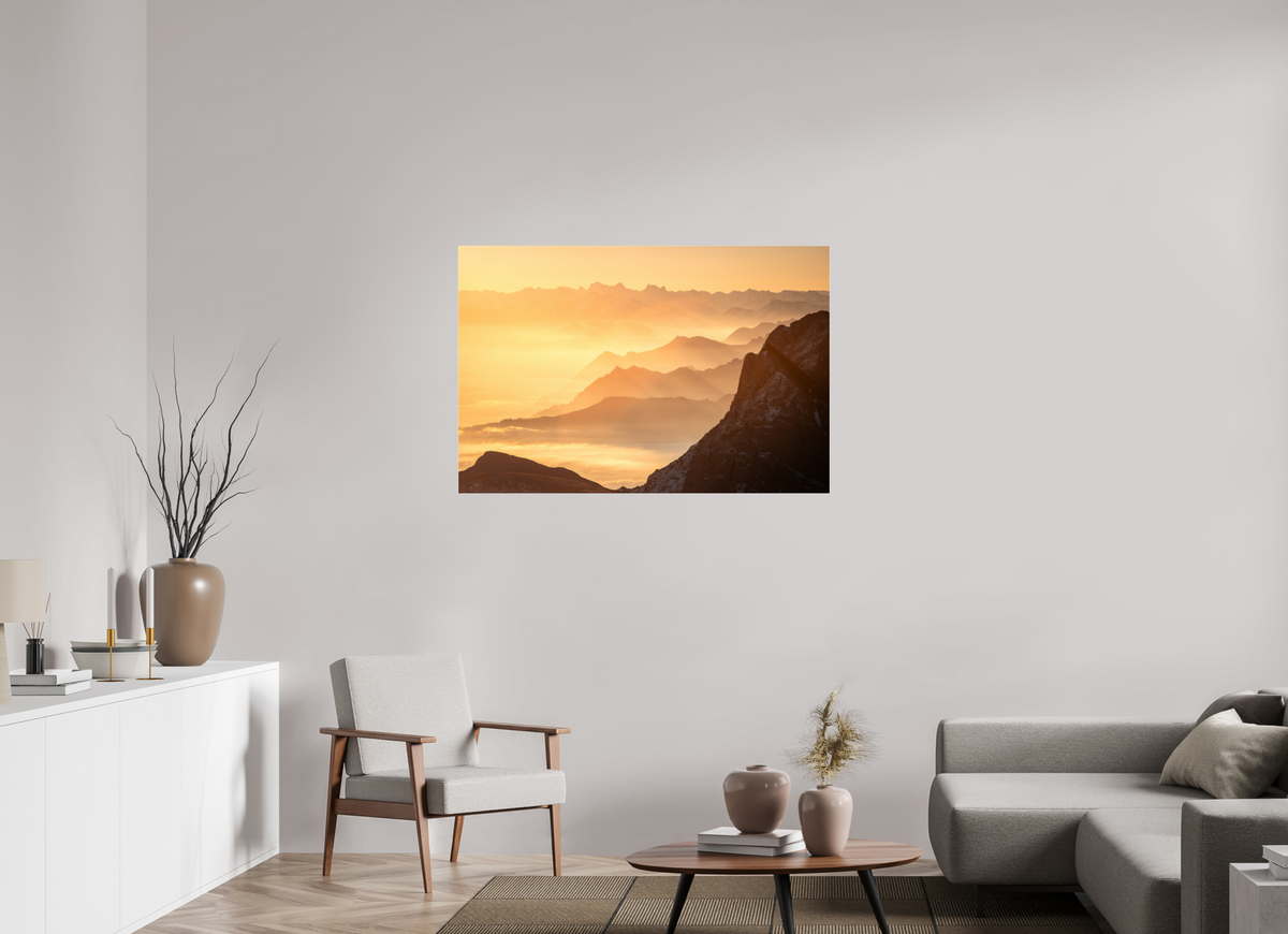 120 x 80 cm, Photo Print Under Acrylic Glass Säntis Hazy Sunrise Layers, Switzerland