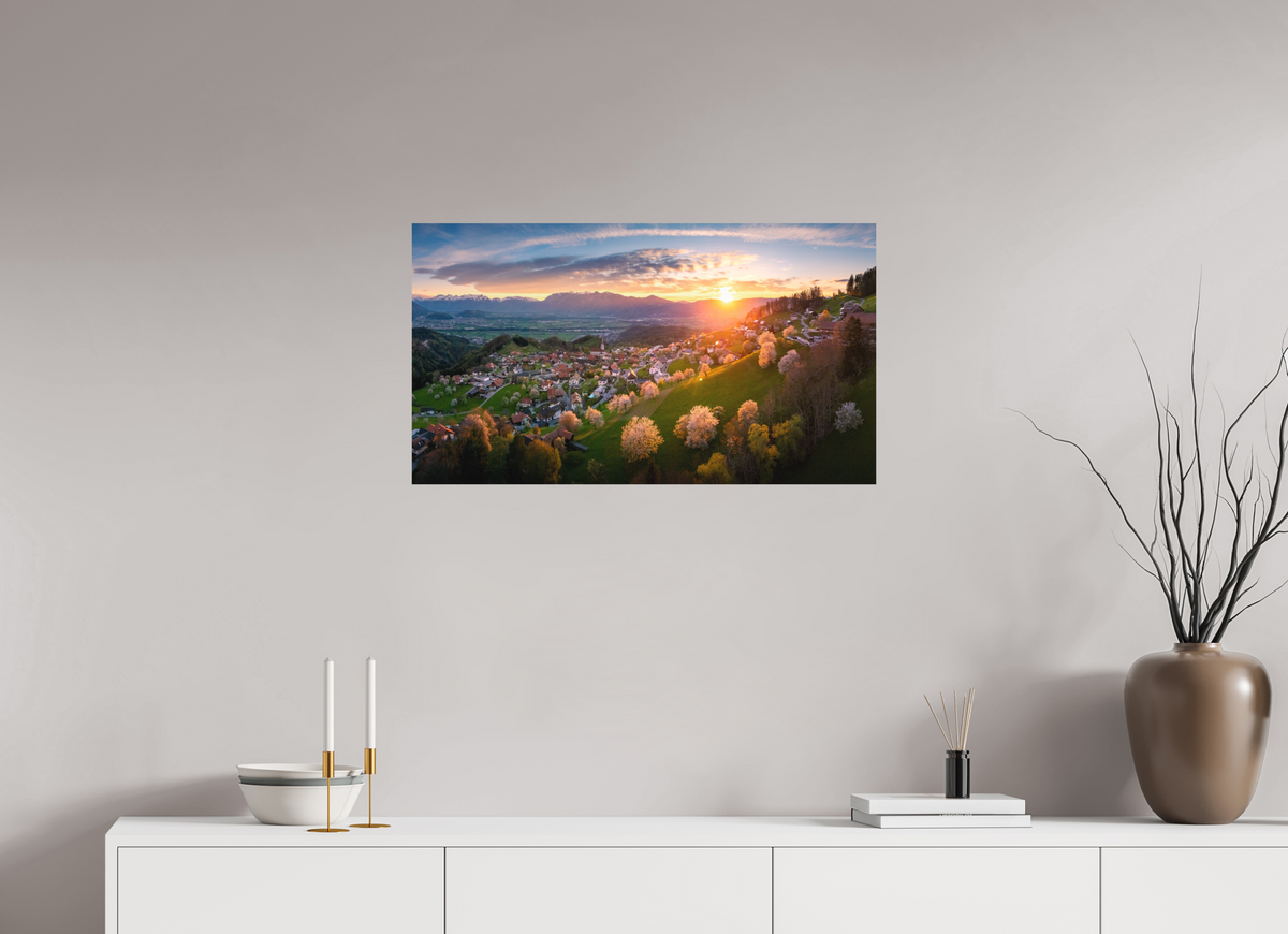 80 x 45 cm, Papierprint ohne Rahmen Cherry Blossoms at Sunset, Fraxern Vorarlberg