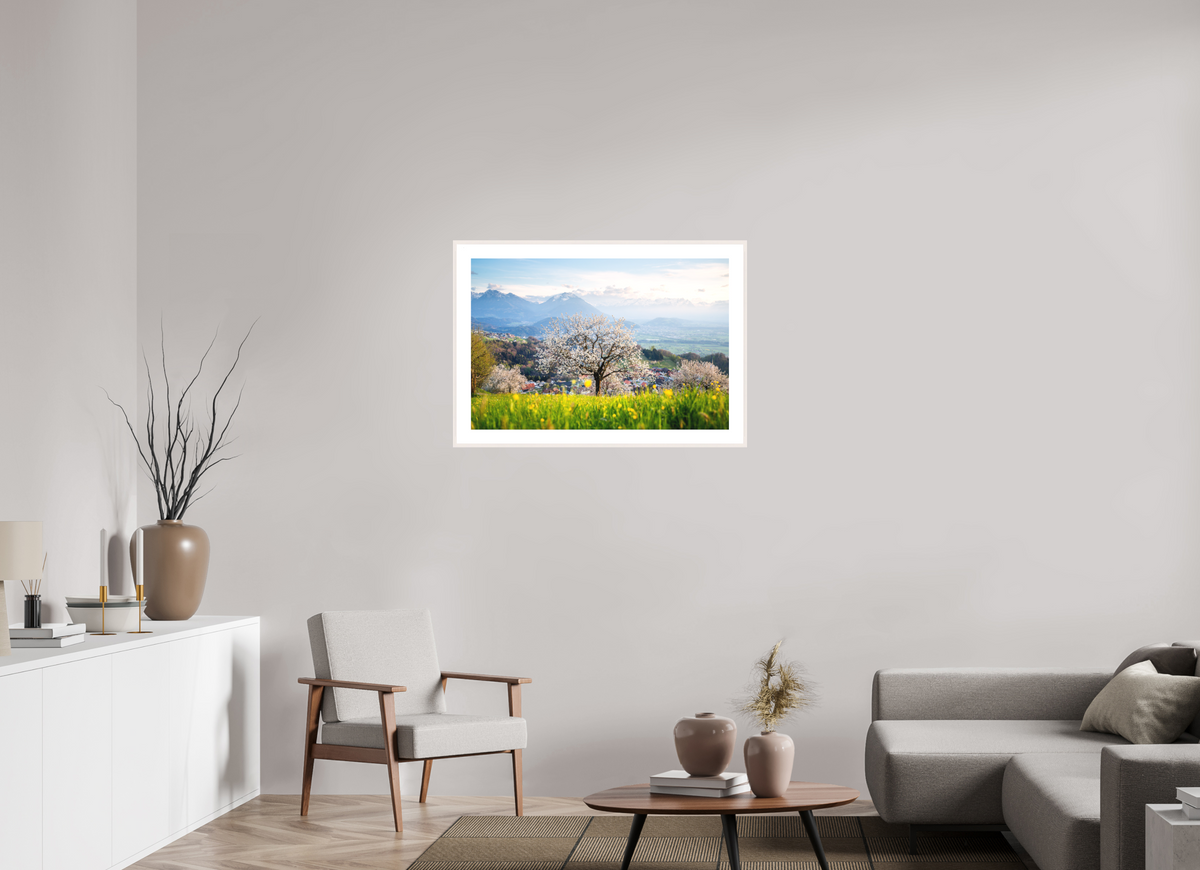 90 x 60 cm, Rahmen-Weiß Spring Cherry Tree Meadow, Fraxern