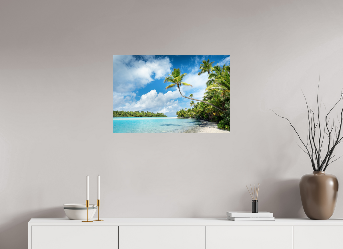 75 x 50 cm, Photo Print Under Acrylic Glass Curved Palm Over the Lagoon, Aitutaki