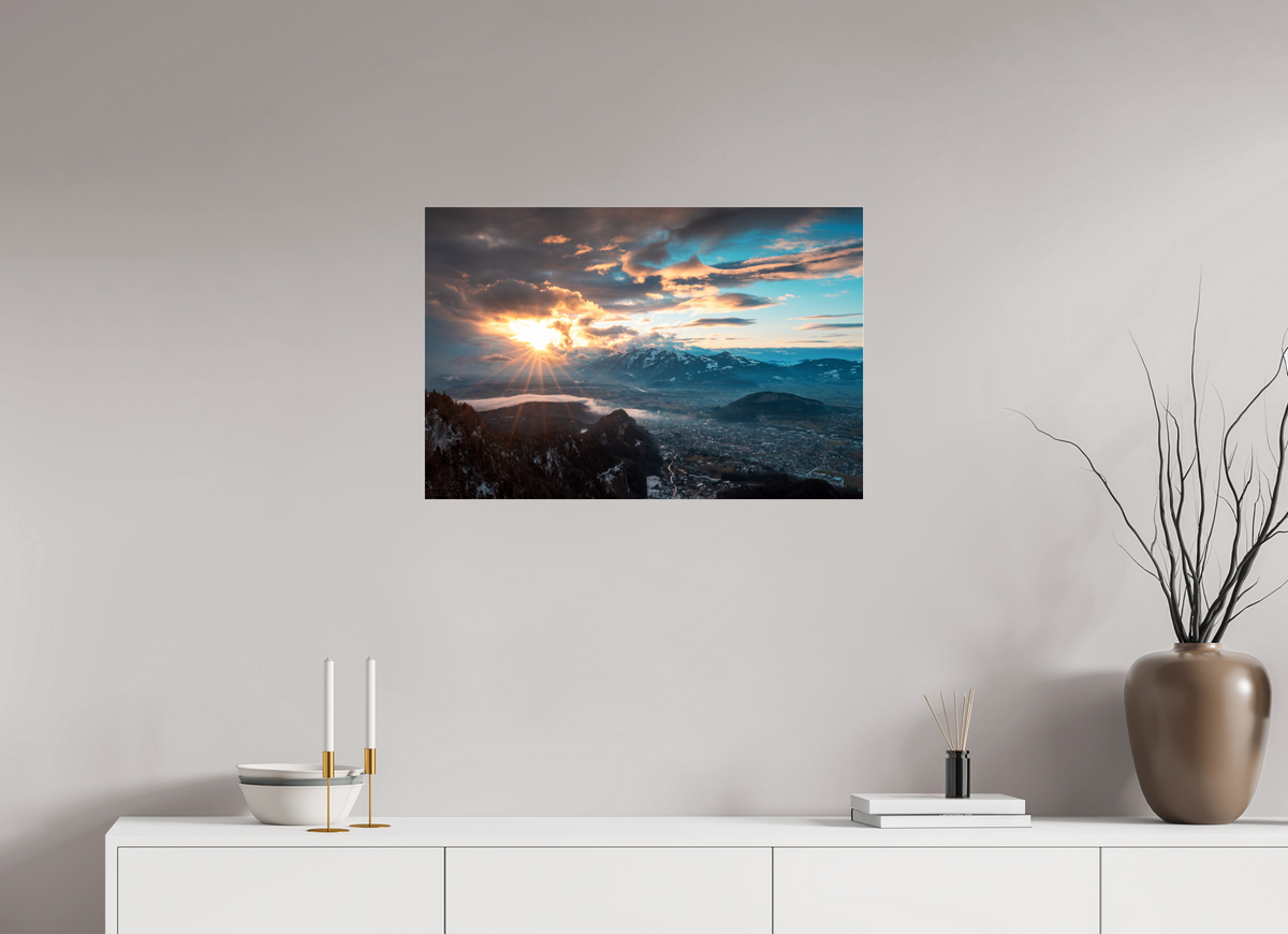 75 x 50 cm, Photo Print Under Acrylic Glass Rhine Valley Winter Sunset, Vorarlberg
