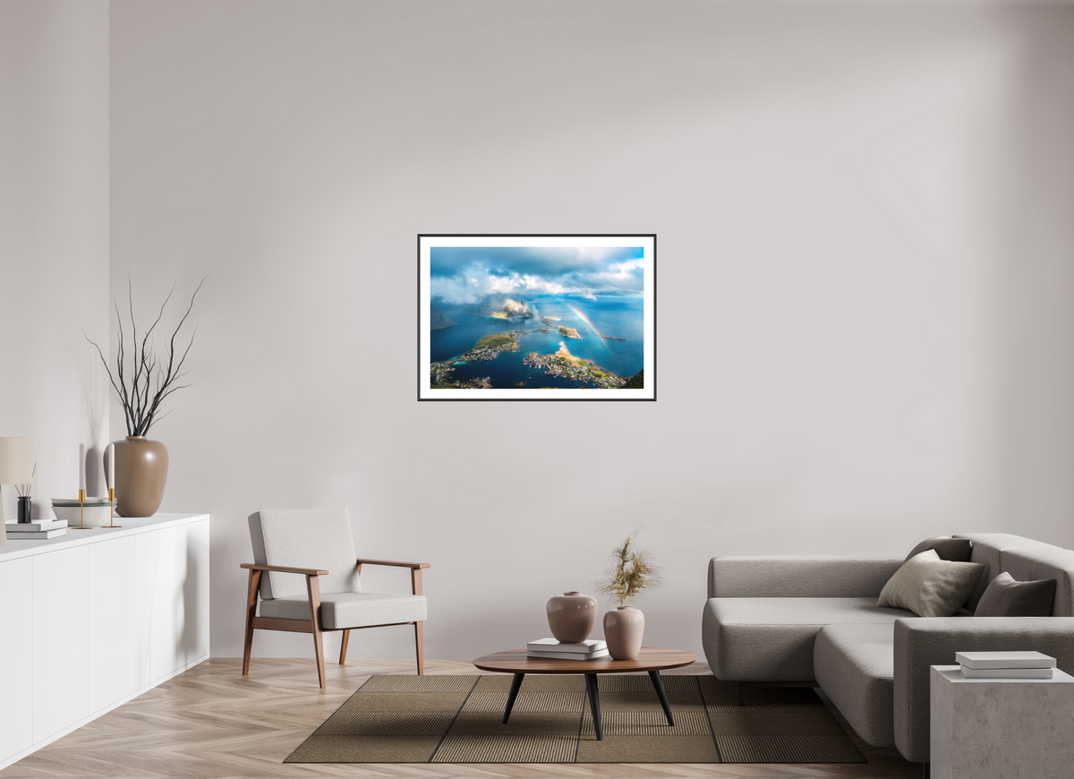 105 x 70 cm, Rahmen-Schwarz Rainbow over Reinebringen, Lofoten