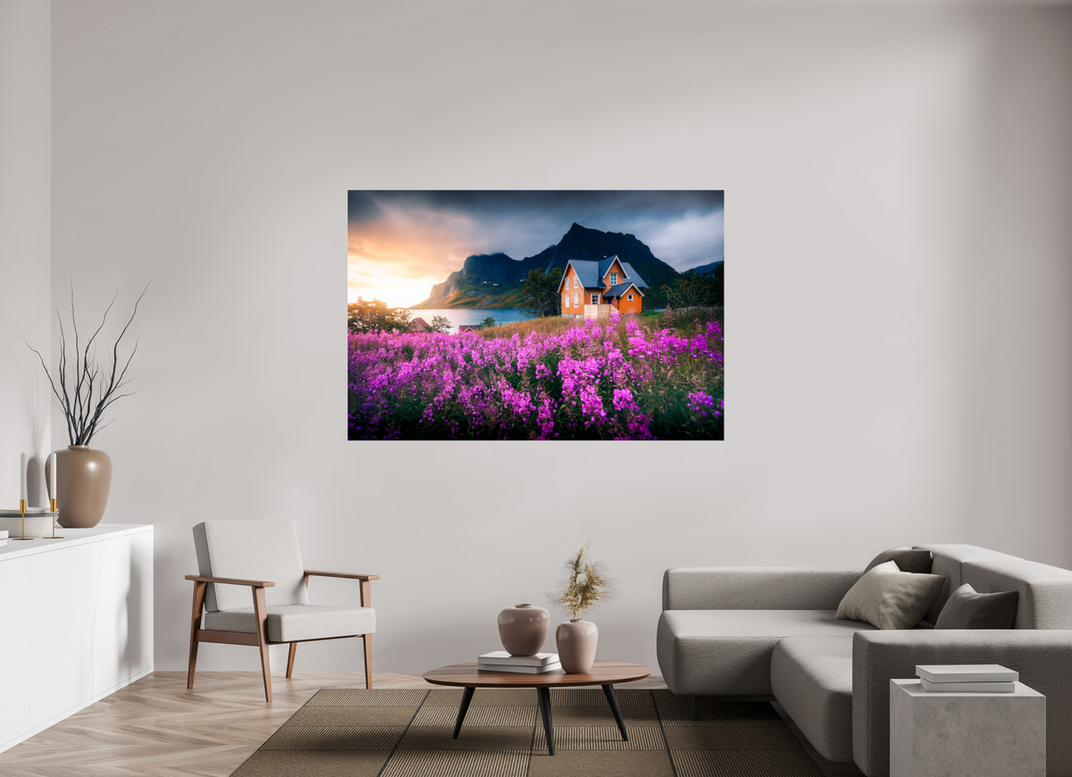 180 x 120 cm, Photo Print Under Acrylic Glass Orange House with Flowers, Lofoten