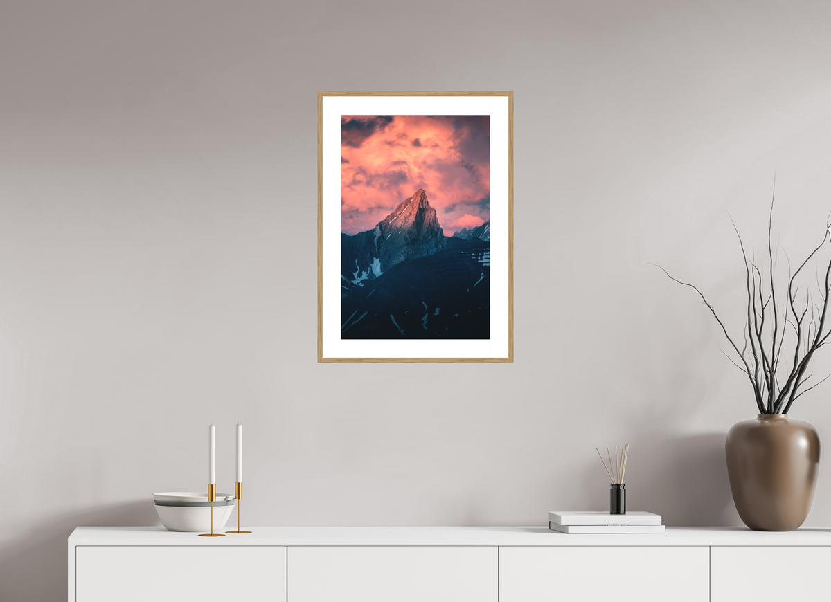 40 x 60 cm, Rahmen-Holzoptik Roggspitze Sunset, Vorarlberg Austria
