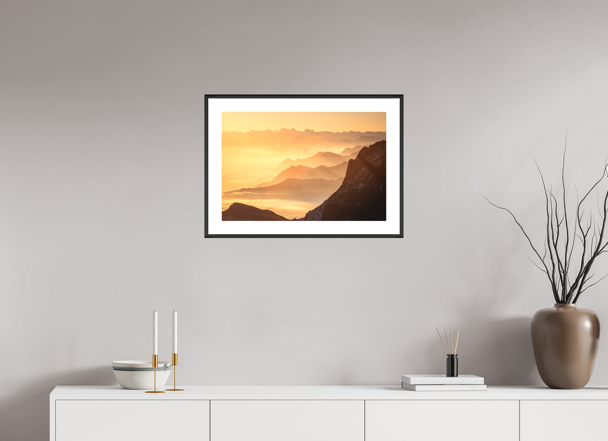 60 x 40 cm, Rahmen-Schwarz Säntis Hazy Sunrise Layers, Switzerland