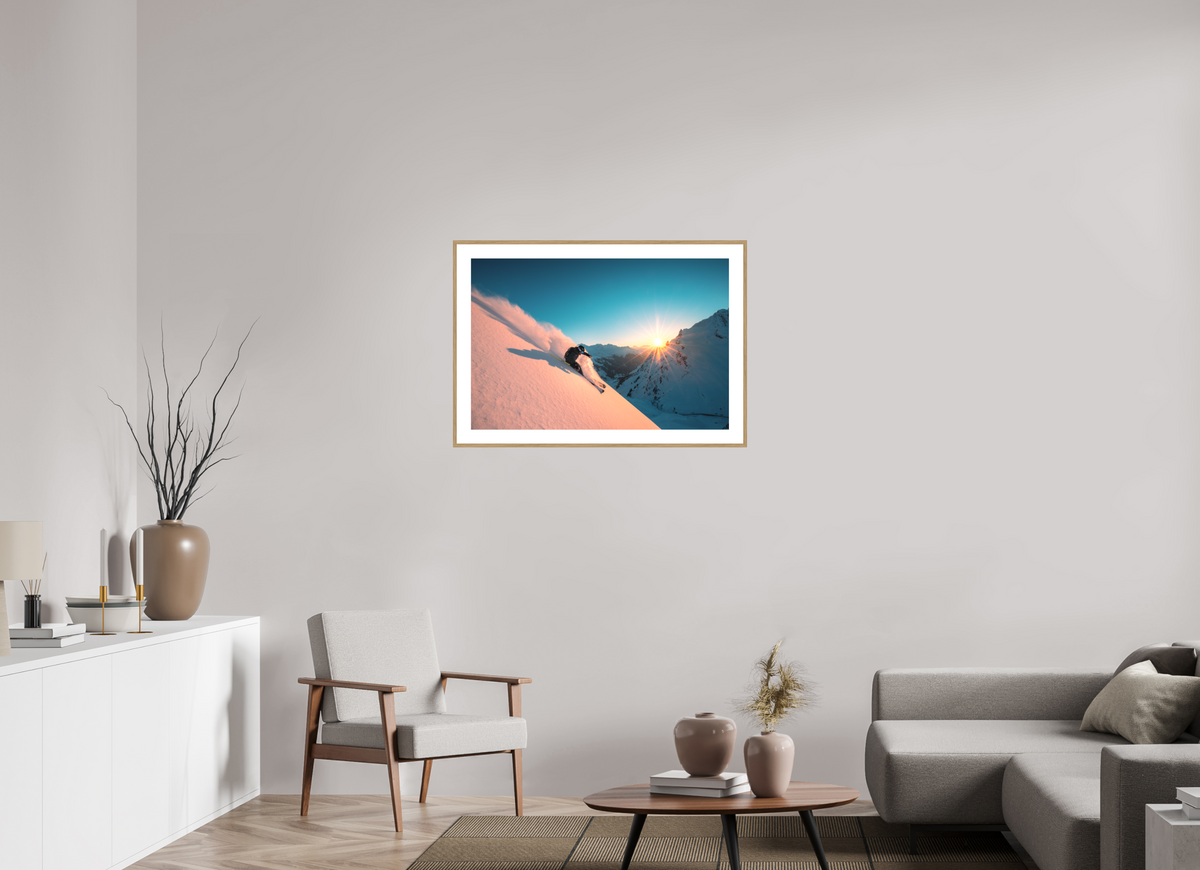 90 x 60 cm, Rahmen-Holzoptik Skiing Into the Sunset, Flexenpass