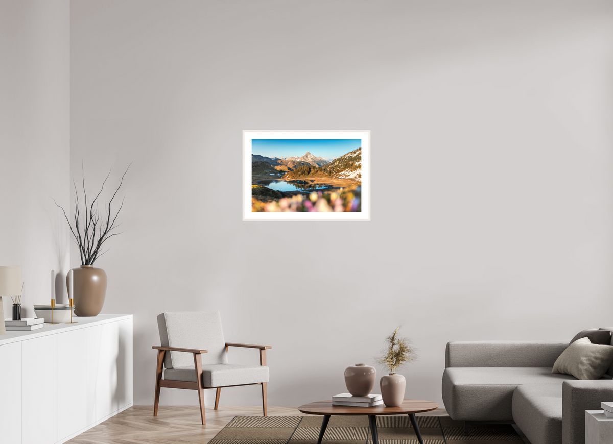 75 x 50 cm, Rahmen-Weiß Körbersee Sunset, Warth Arlberg
