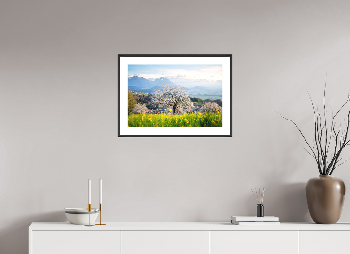 60 x 40 cm, Rahmen-Schwarz Spring Cherry Tree Meadow, Fraxern