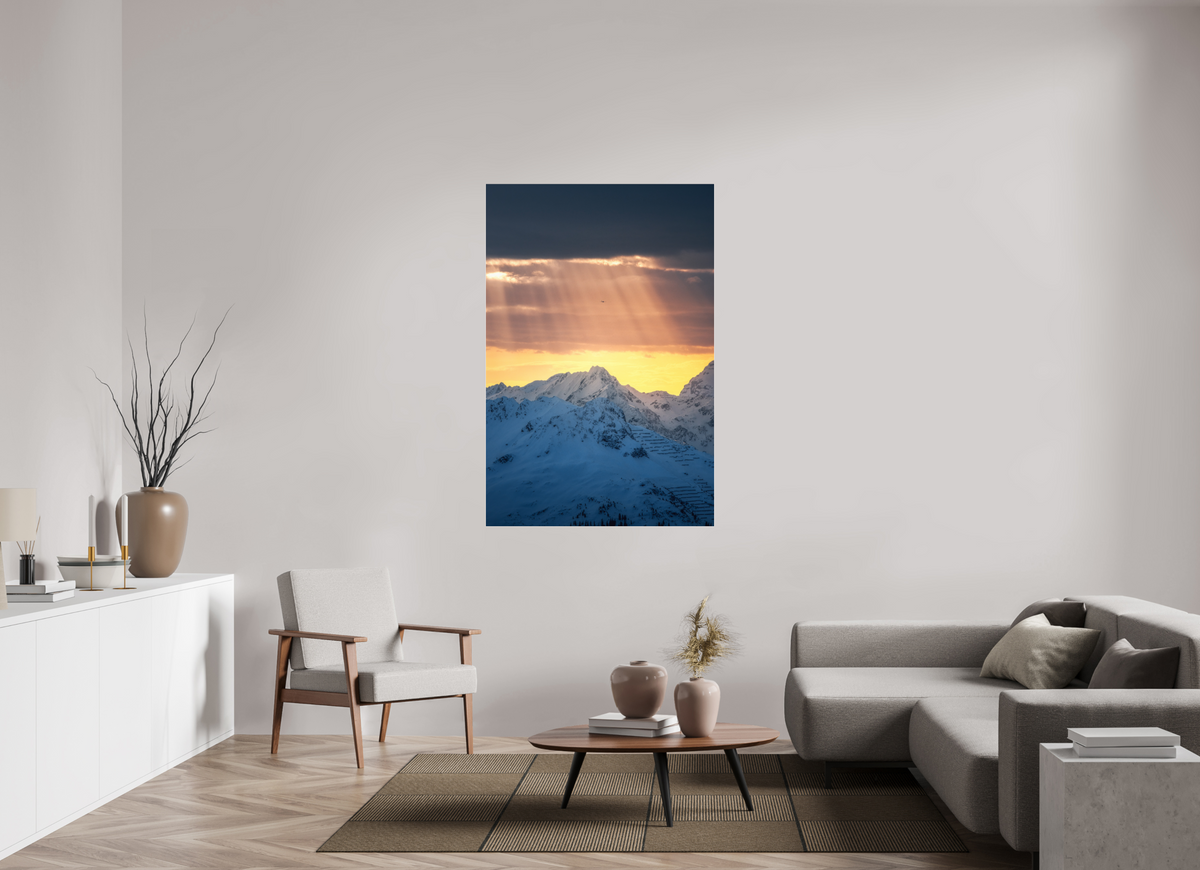 100 x 150 cm, Photo Print Under Acrylic Glass Light Rays Over the Peaks, Zürs
