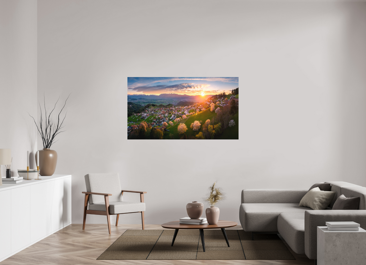 160 x 90 cm, Papierprint ohne Rahmen Cherry Blossoms at Sunset, Fraxern Vorarlberg