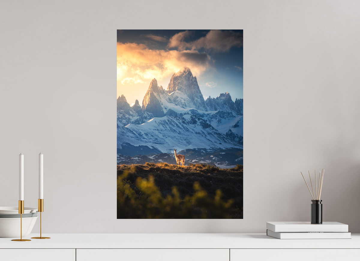 40 x 60 cm, Papierprint ohne Rahmen Guanaco below Fitz Roy in Golden Light, Patagonia