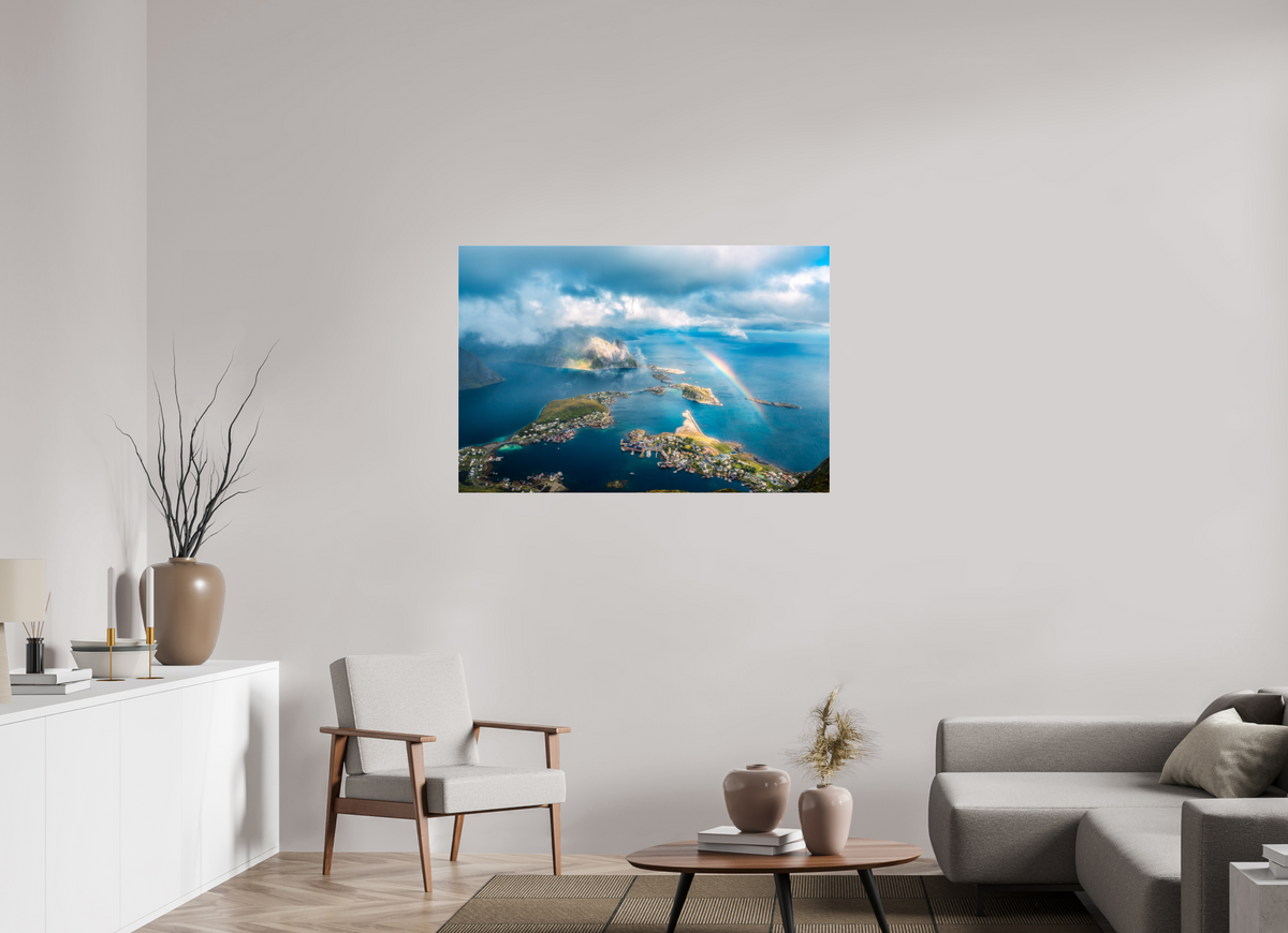 120 x 80 cm, Photo Print Under Acrylic Glass Rainbow over Reinebringen, Lofoten