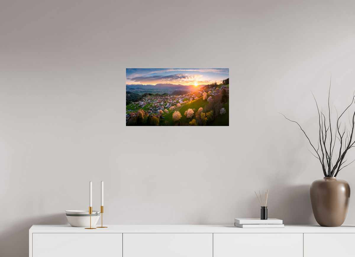 64 x 36 cm, Photo Print Under Acrylic Glass Cherry Blossoms at Sunset, Fraxern Vorarlberg