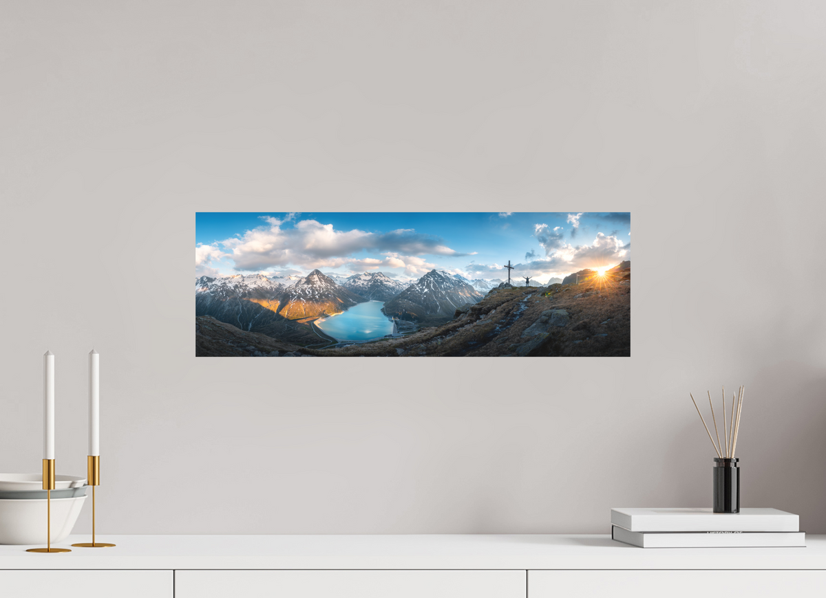 60 x 20 cm, Papierprint ohne Rahmen Silvretta Reservoir Golden Sunset, Alps